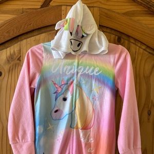 Girls Emoji pink blue hooded unicorn one piece pajamas- size 10